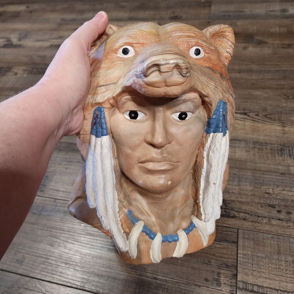 Heavy Native American Man bust sculpture Bear Head clay W